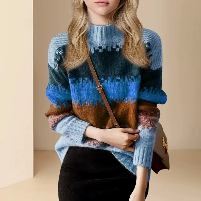 Pixel Knit Striped Mock Neck Sweater for Women