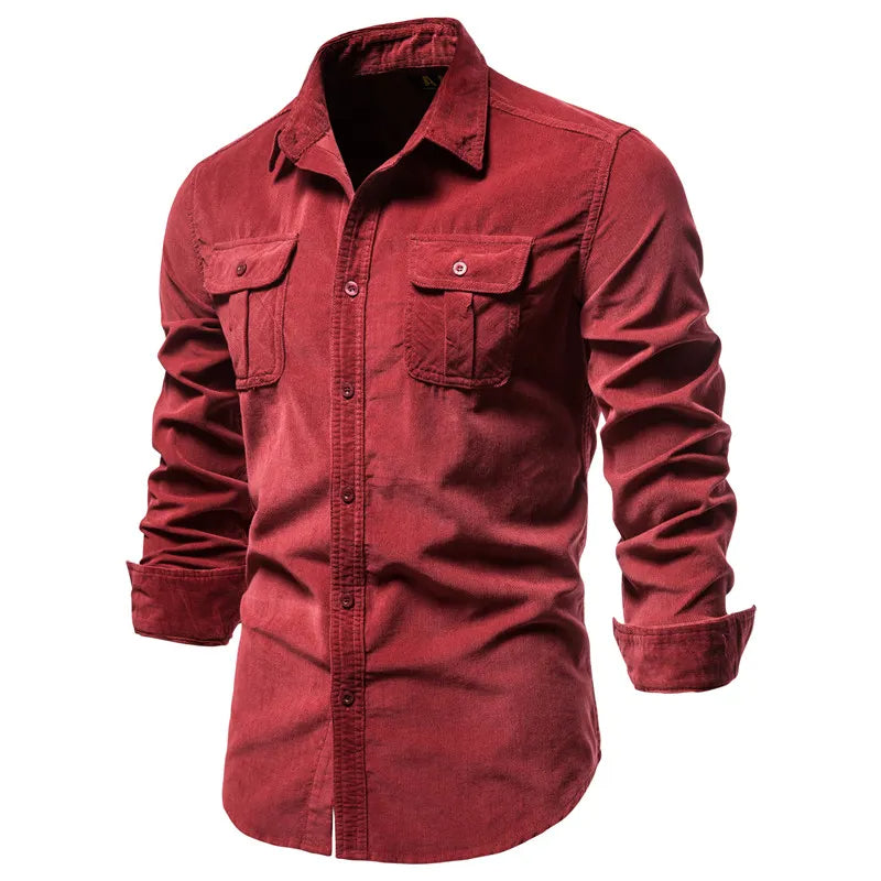 Corduroy Button-Down Shirt with Chest Pockets for Men - Red