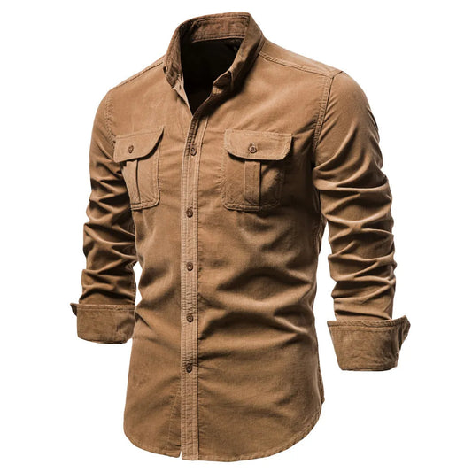 Corduroy Button-Down Shirt with Chest Pockets for Men - Brown