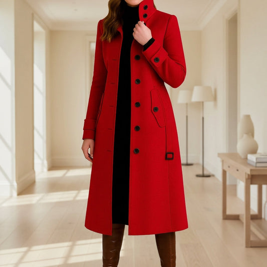 Double-Breasted Wool Blend Long Coat for Women - Red
