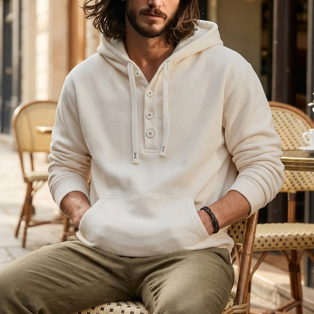 Oversized Knit Hoodie with Button Details for Men