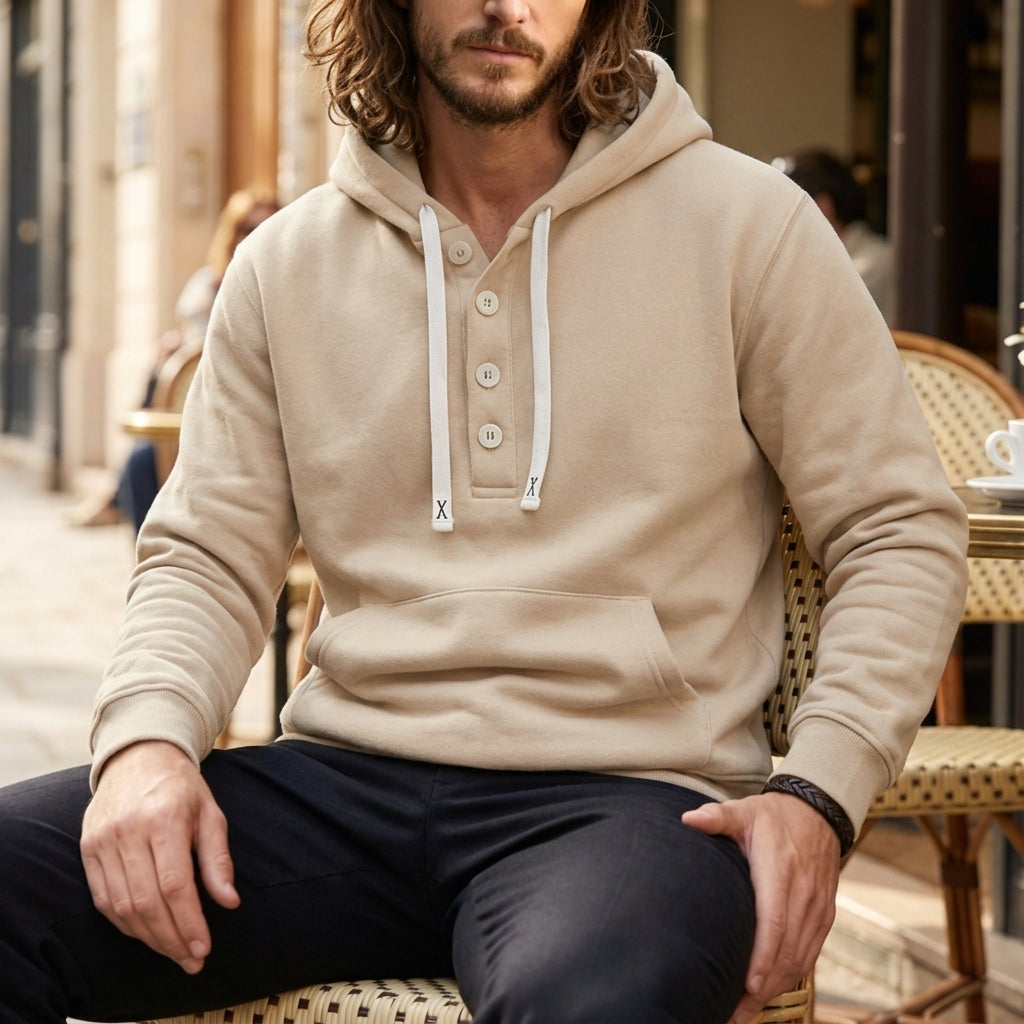 Oversized Knit Hoodie with Button Details for Men