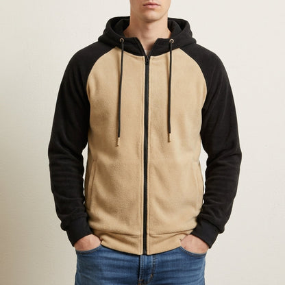 Zip-Up Raglan Hoodie with Color Block Sleeves for Men
