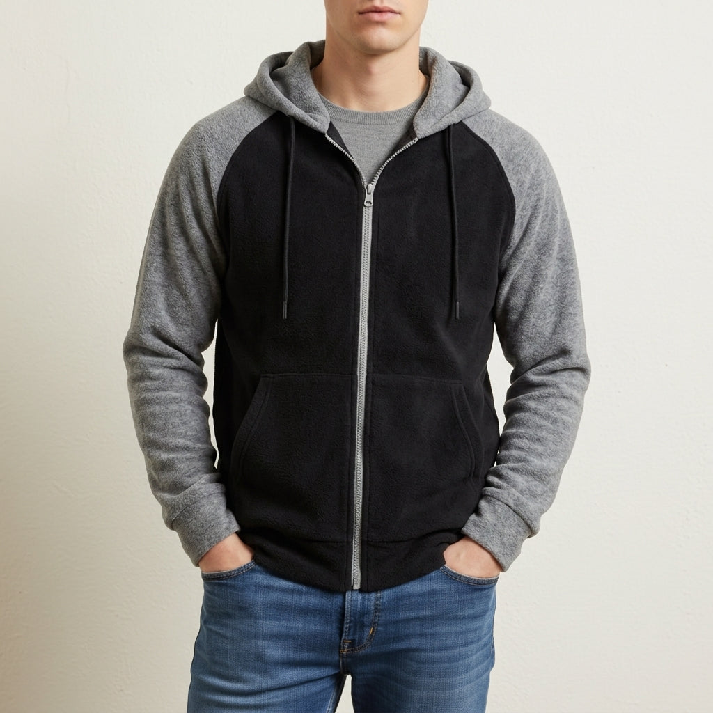 Zip-Up Raglan Hoodie with Color Block Sleeves for Men