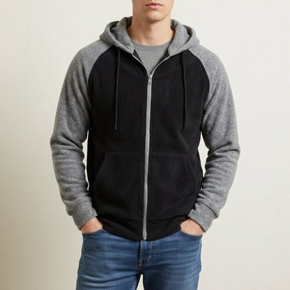 Zip-Up Raglan Hoodie with Color Block Sleeves for Men