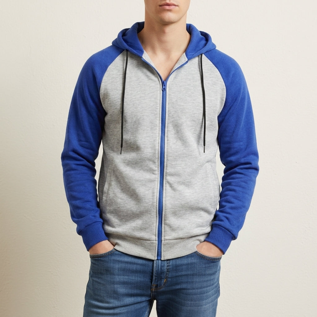 Zip-Up Raglan Hoodie with Color Block Sleeves for Men