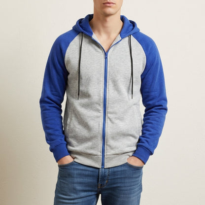 Zip-Up Raglan Hoodie with Color Block Sleeves for Men