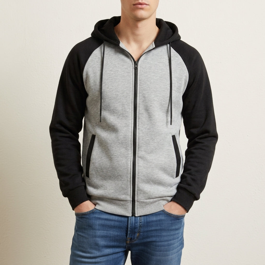 Zip-Up Raglan Hoodie with Color Block Sleeves for Men