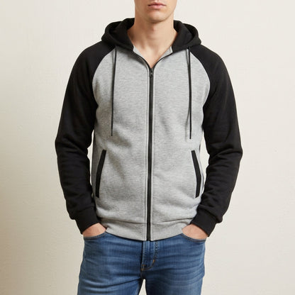 Zip-Up Raglan Hoodie with Color Block Sleeves for Men