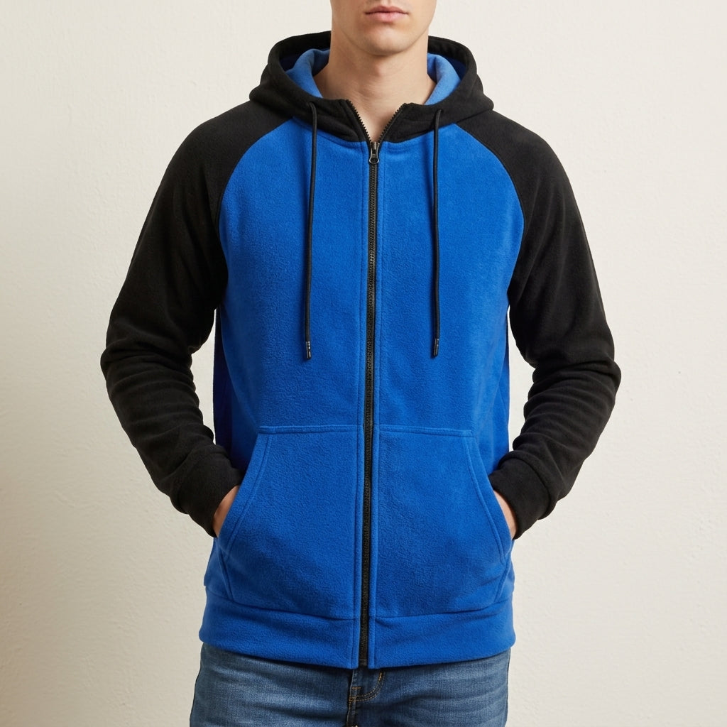 Zip-Up Raglan Hoodie with Color Block Sleeves for Men