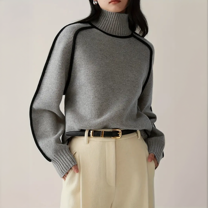 Structured Contrast Turtleneck Sweater – Fitted Knit Top