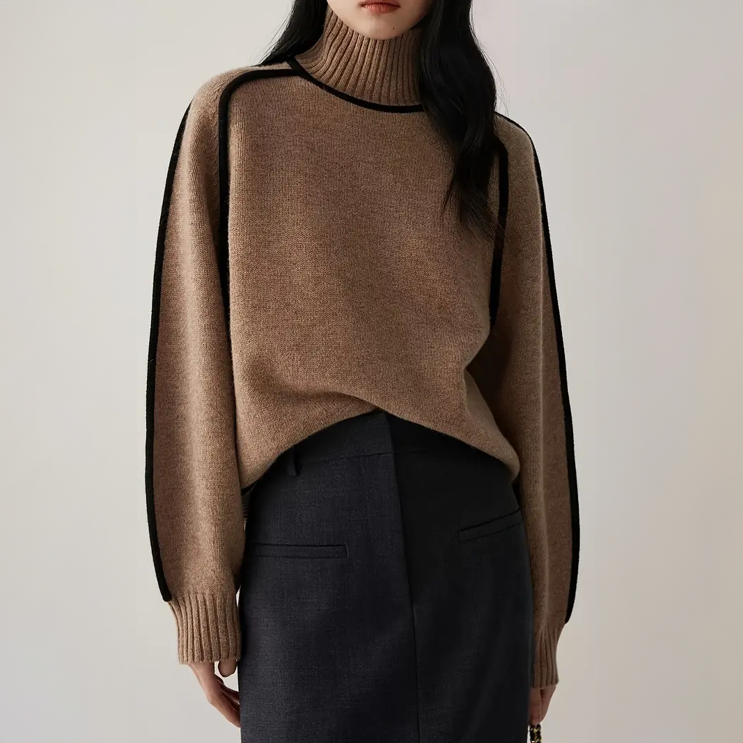 Structured Contrast Turtleneck Sweater – Fitted Knit Top - Brown