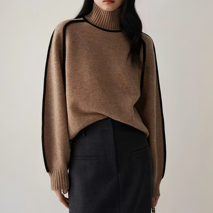 Structured Contrast Turtleneck Sweater – Fitted Knit Top - Brown
