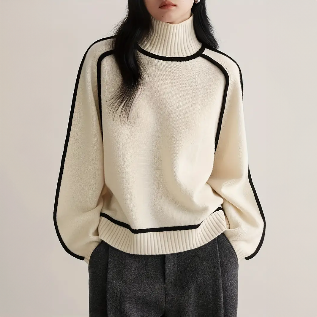 Structured Contrast Turtleneck Sweater – Fitted Knit Top