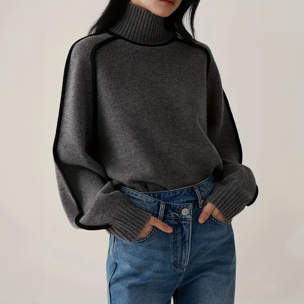 Structured Contrast Turtleneck Sweater – Fitted Knit Top - Dark Gray