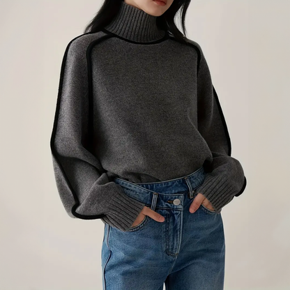 Structured Contrast Turtleneck Sweater – Fitted Knit Top - Dark Gray