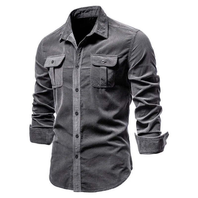Corduroy Button-Down Shirt with Chest Pockets for Men - Gray