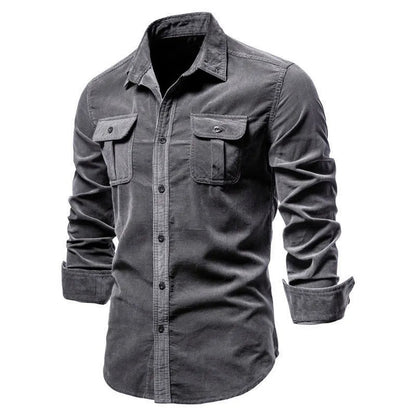Corduroy Button-Down Shirt with Chest Pockets for Men - Gray