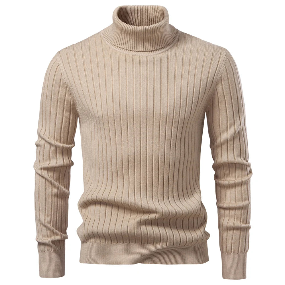 Ribbed Knit Turtleneck Sweater for Men - Beige