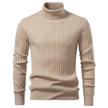 Ribbed Knit Turtleneck Sweater for Men - Beige