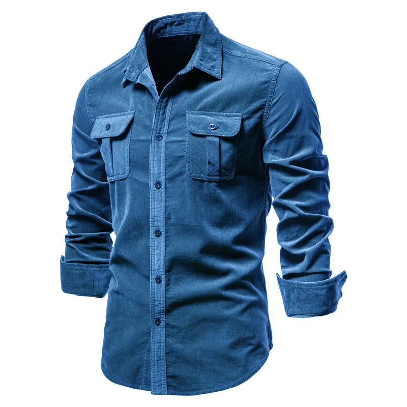 Corduroy Button-Down Shirt with Chest Pockets for Men - Blue