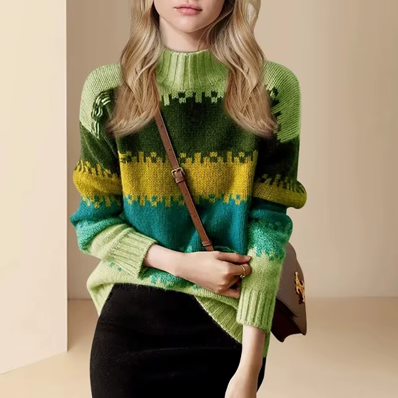 Pixel Knit Striped Mock Neck Sweater for Women