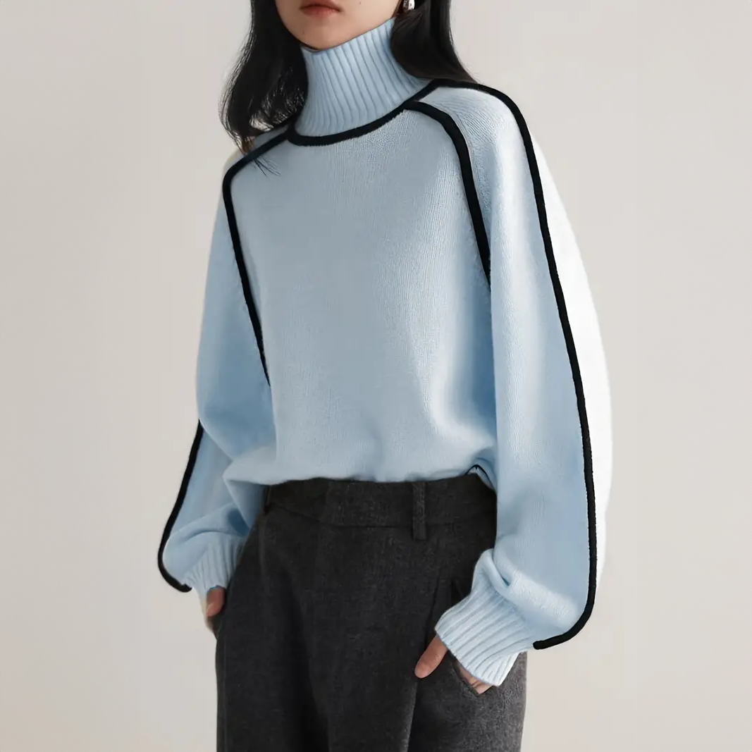 Structured Contrast Turtleneck Sweater – Fitted Knit Top