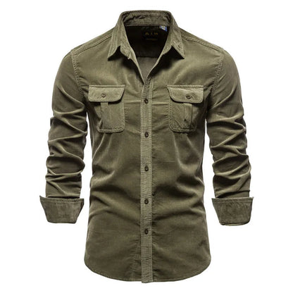 Corduroy Button-Down Shirt with Chest Pockets for Men - Green