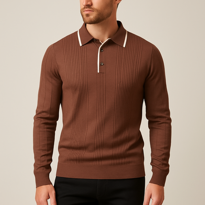 Ribbed Knit Long Sleeve Polo Shirt for Men