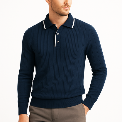 Ribbed Knit Long Sleeve Polo Shirt for Men