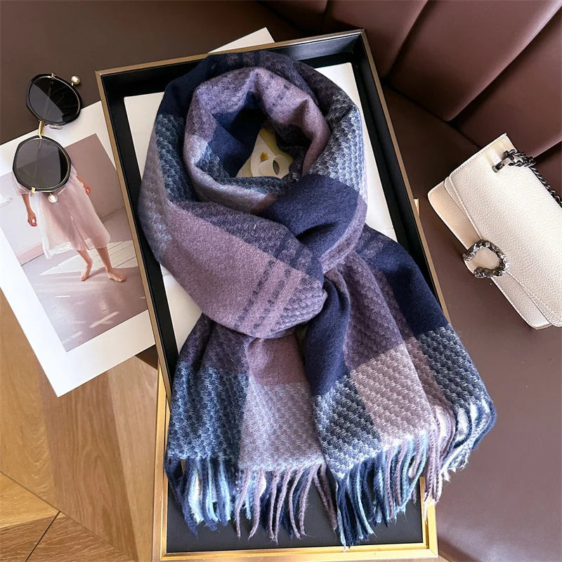 Plaid Tassel Scarf with Fringe for Women - Blue