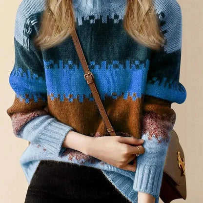 Pixel Knit Striped Mock Neck Sweater for Women