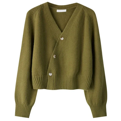 Cropped V-Neck Button-Up Cardigan Sweater for Women - Green