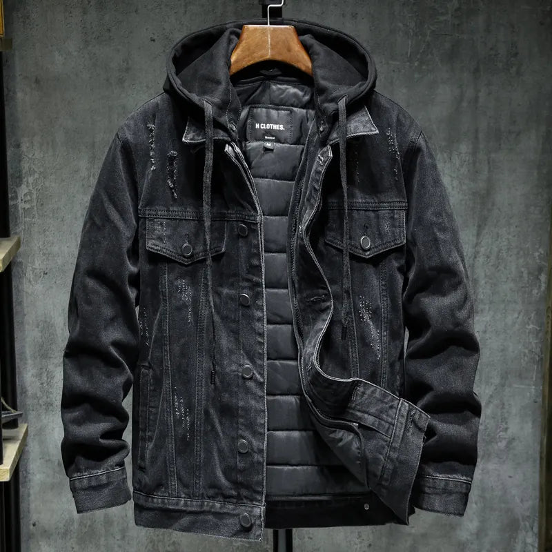 Dual-Layer Hooded Denim Jacket with Quilted Liner for Men - Black