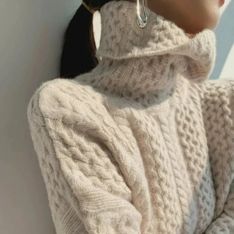 Cable Knit Turtleneck Sweater for Women - Peach