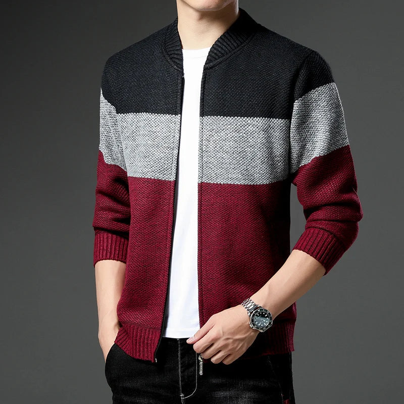 Wool Color Block Zip-Up Cardigan for Men - Wine Red