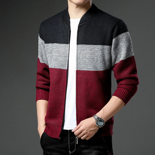 Wool Color Block Zip-Up Cardigan for Men - Wine Red