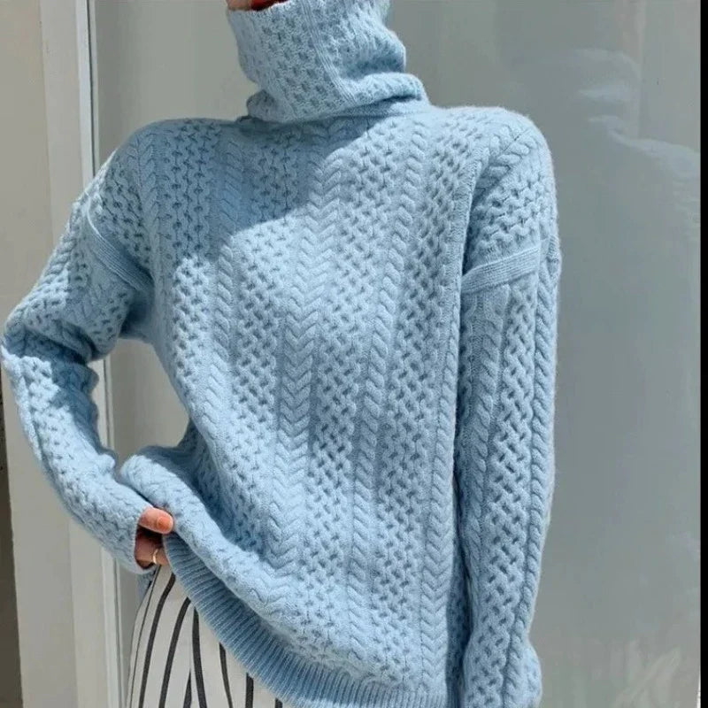 Cable Knit Turtleneck Sweater for Women - Pastel Blue