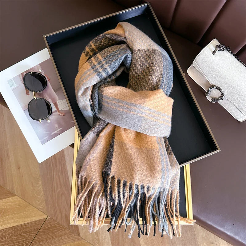 Plaid Tassel Scarf with Fringe for Women - Beige