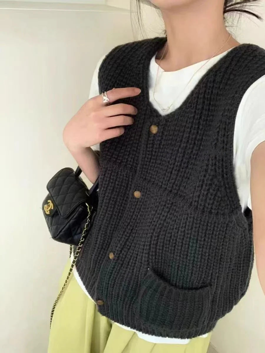 Knit Button-Front Vest for Women - Black