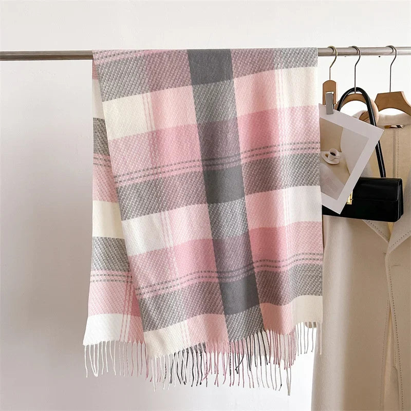Plaid Tassel Scarf with Fringe for Women