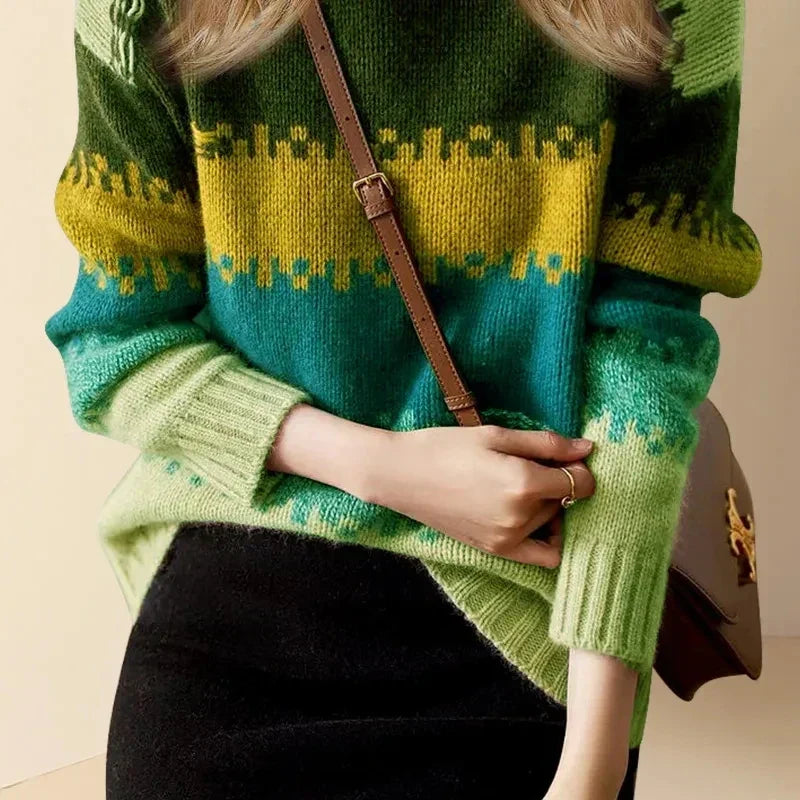 Pixel Knit Striped Mock Neck Sweater for Women