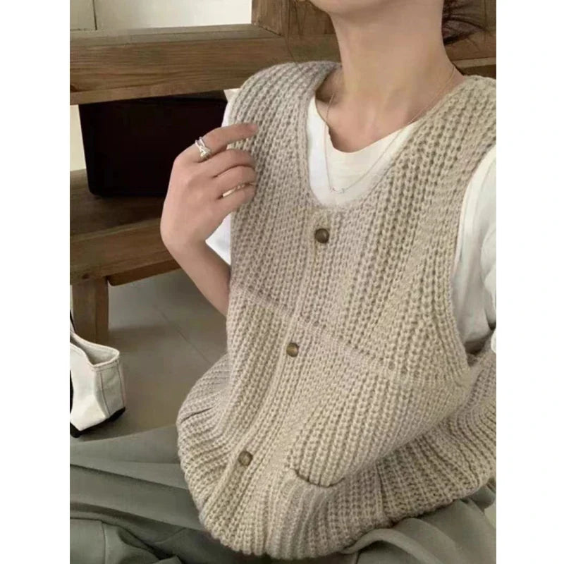 Knit Button-Front Vest for Women - Beige