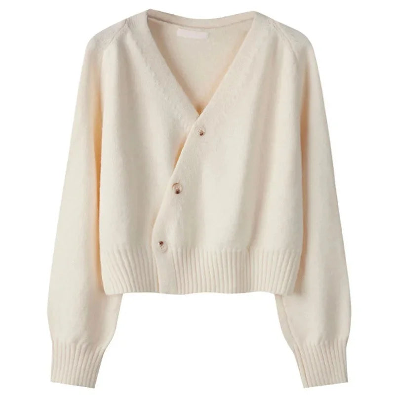 Cropped V-Neck Button-Up Cardigan Sweater for Women - Apricot