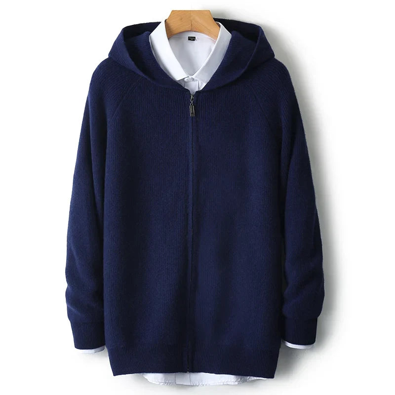Wool Zip-Up Hooded Sweater Lightweight Knit for Men