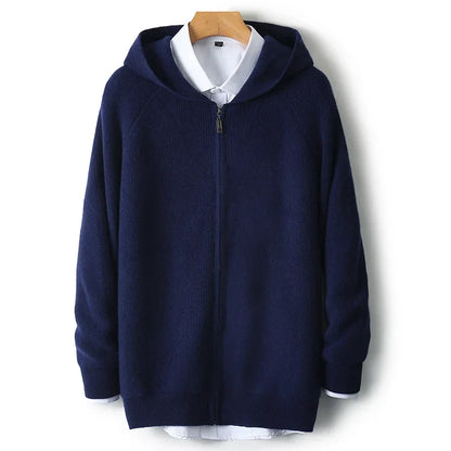 Wool Zip-Up Hooded Sweater Lightweight Knit for Men