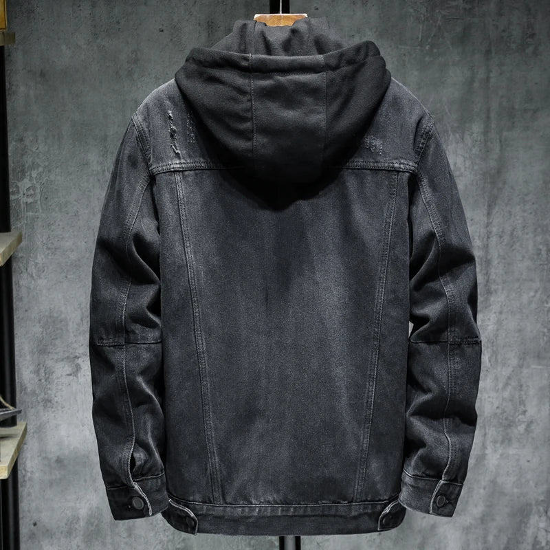Dual-Layer Hooded Denim Jacket with Quilted Liner for Men