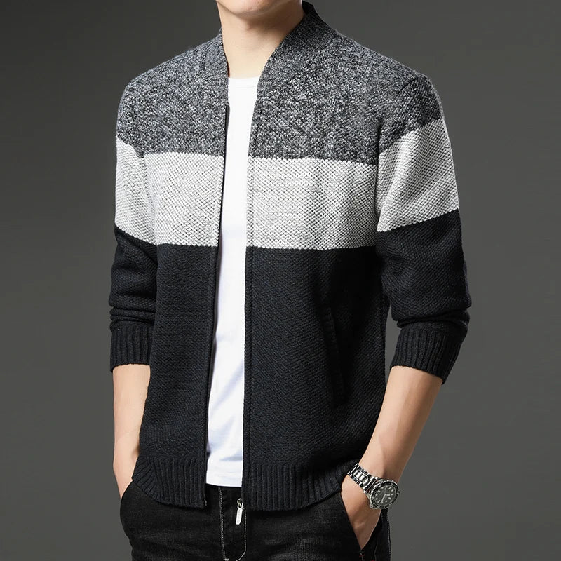 Wool Color Block Zip-Up Cardigan for Men - Black