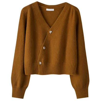 Cropped V-Neck Button-Up Cardigan Sweater for Women - Brown