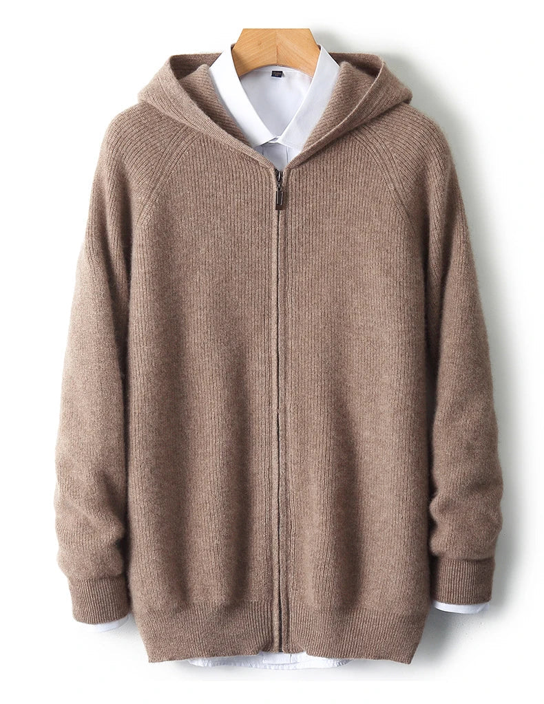 Wool Zip-Up Hooded Sweater Lightweight Knit for Men - Brown